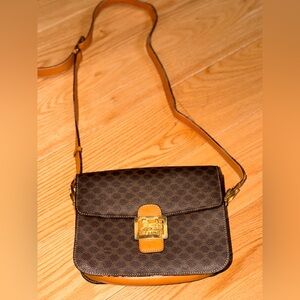 Celine Brown Patterned Crossbody with Tan Strap and Gold Hardware
